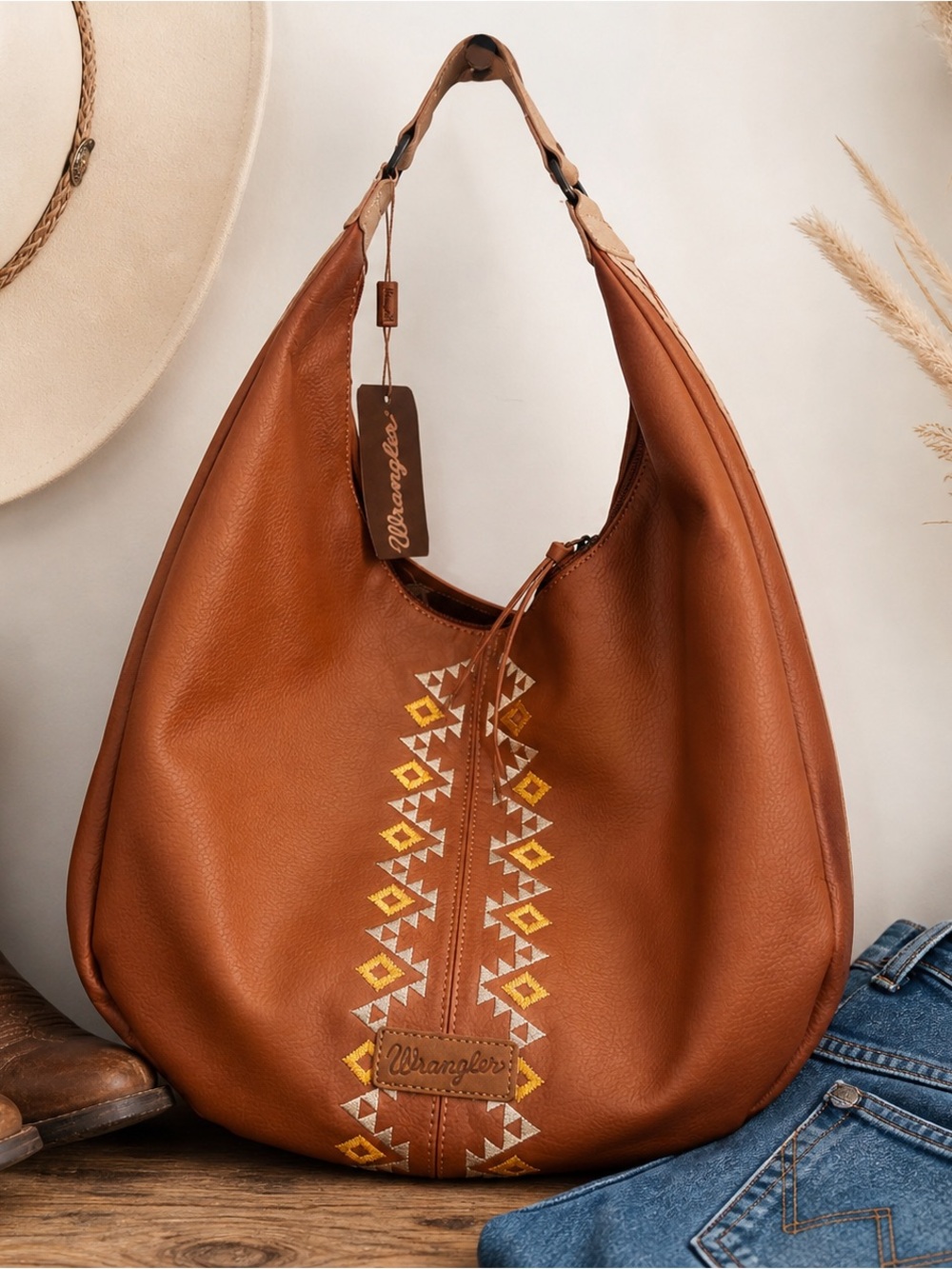 Wrangler Aztec Hobo Bag Western Boho Faux Leather Tote Brown NWT